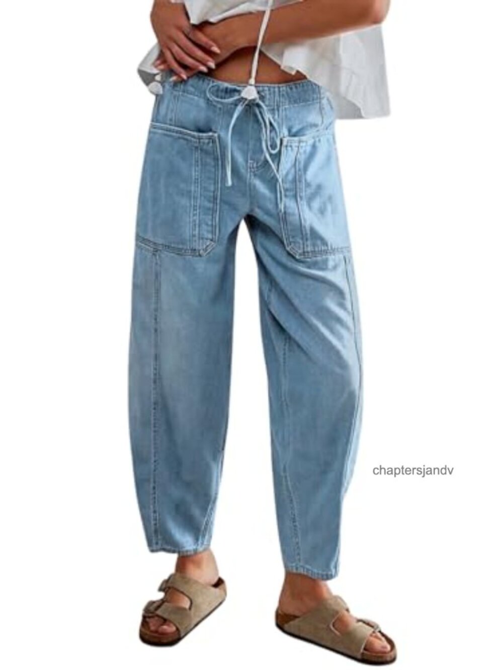 Drawstring Barrel Wide Leg Denim Jeans